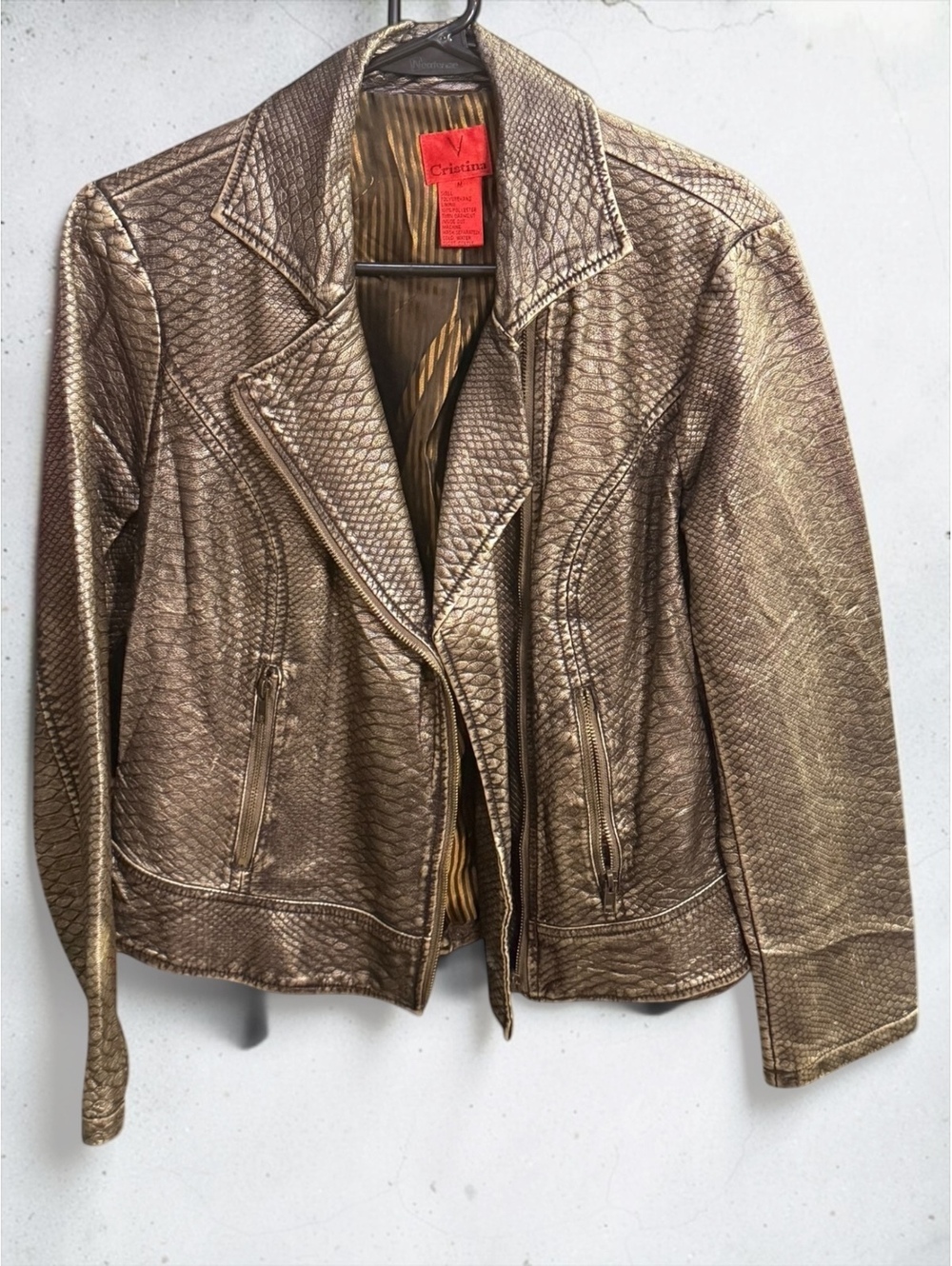 Cristina M Metallic Gold Bronze Faux Leather Moto Jacket Snakeskin Reptile Y2K